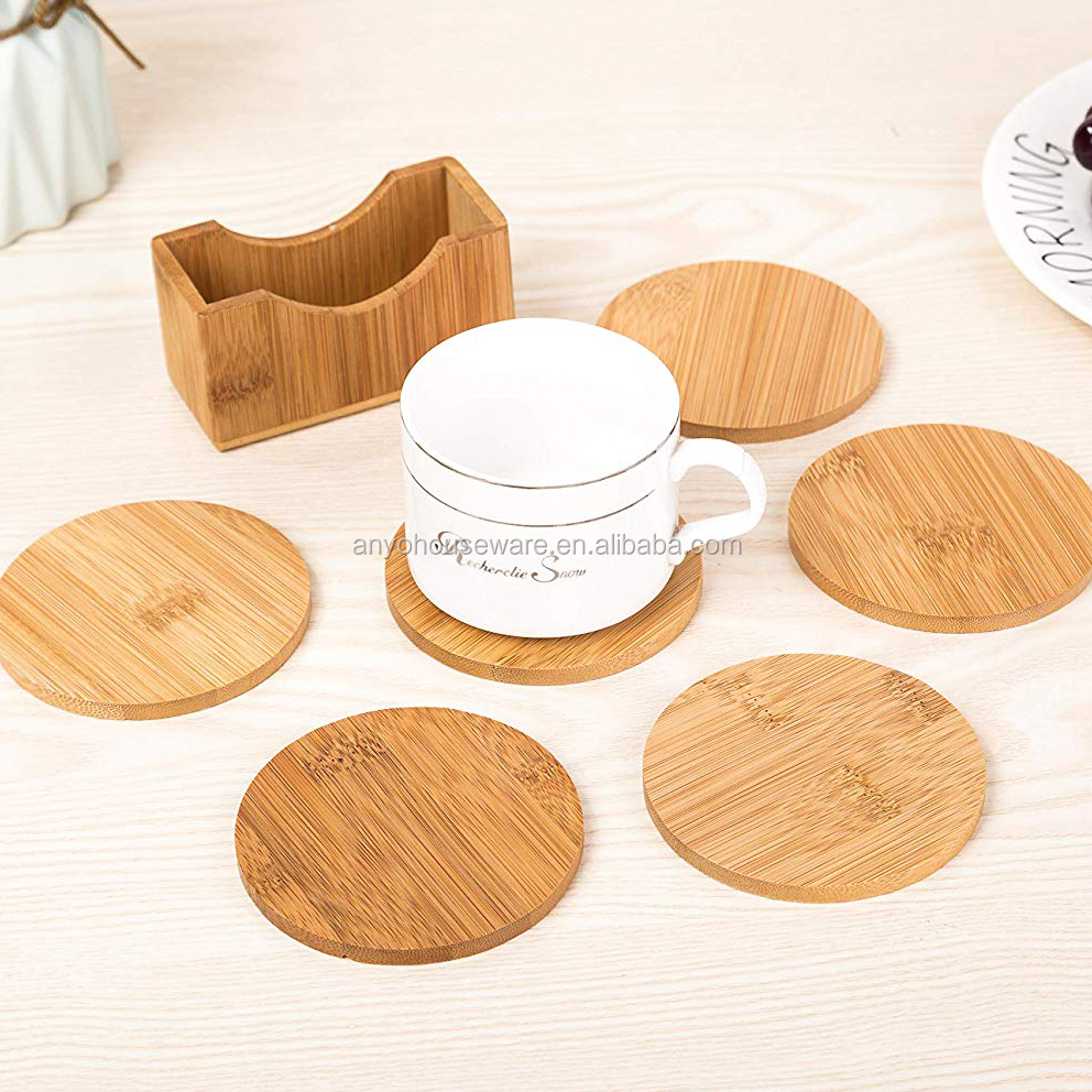 Eco Friendly All Natural 6 Pieces Bamboo Coaster Set and Holder for Drinks