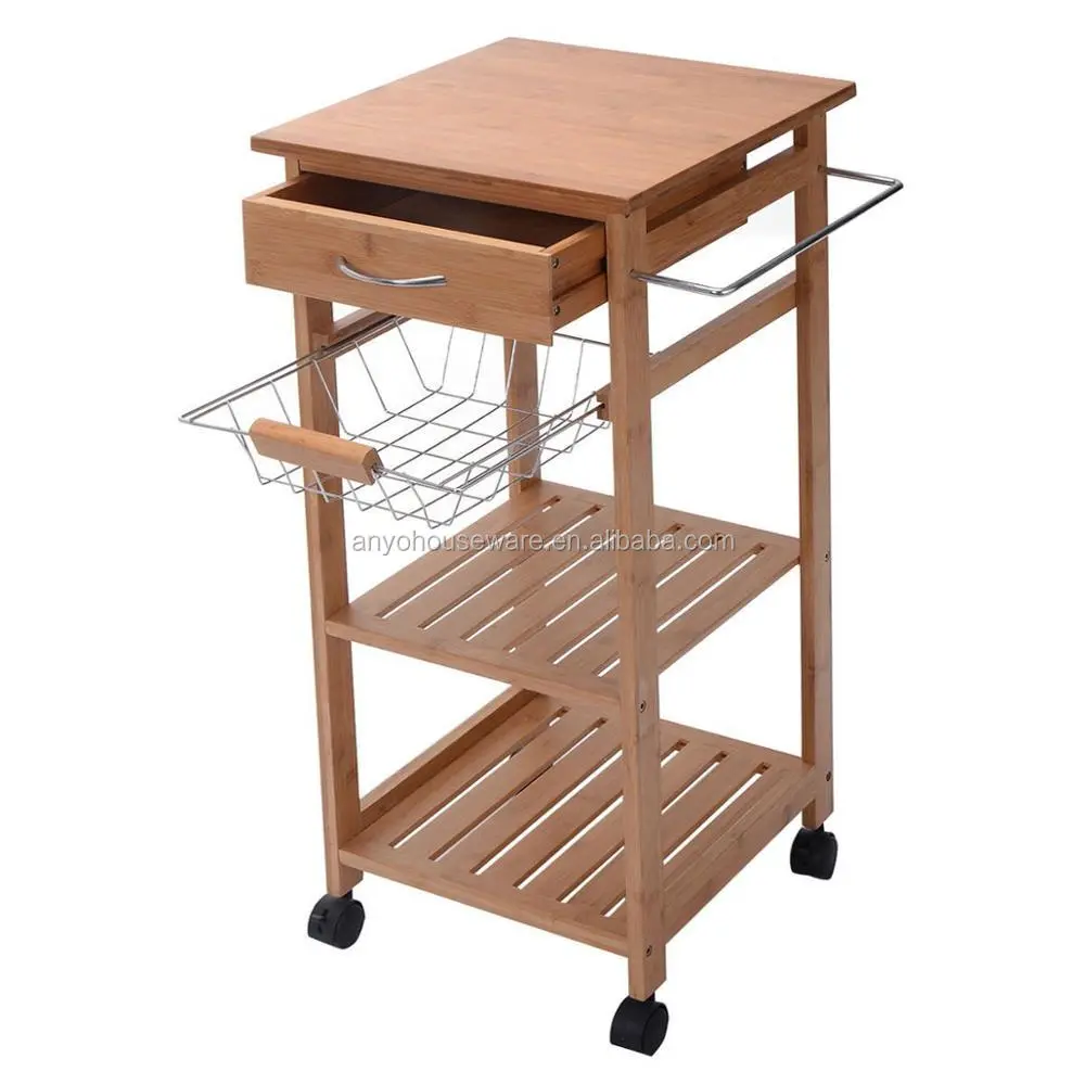Portable Bamboo Kitchen Trolley For Rolling Storage