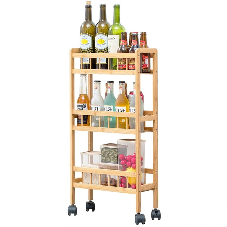 Custom Bamboo 3 Tier Wooden Storage Kitchen Vegetable Trolley With Wheel
