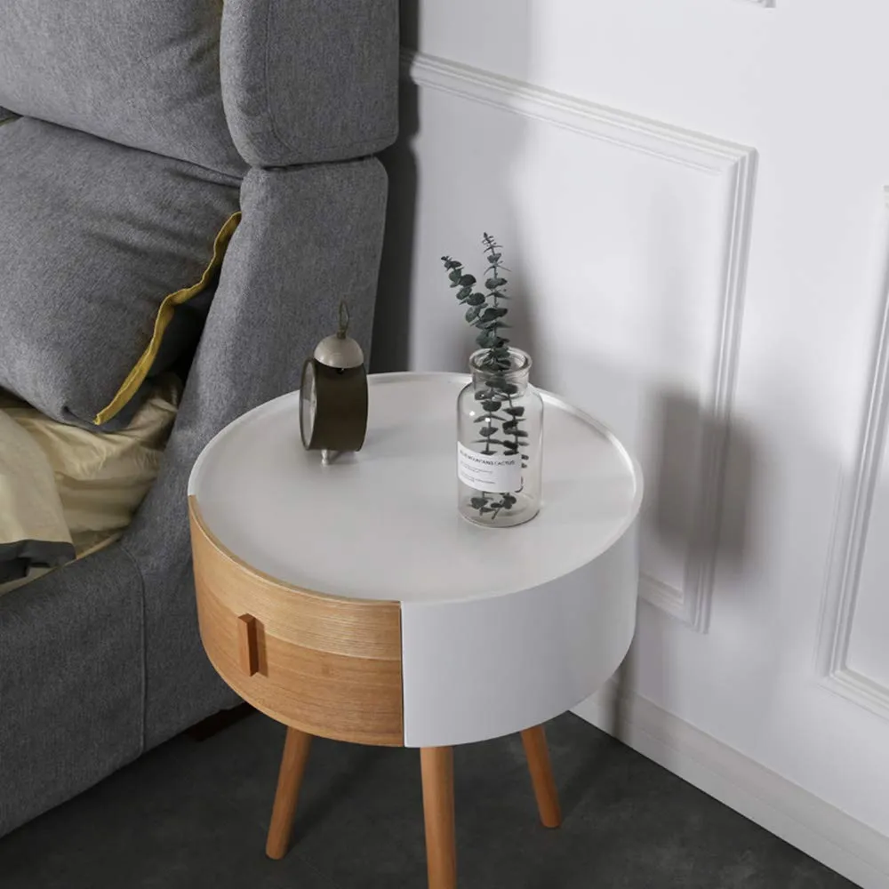 Wooden Bedroom Furniture White Color Round Side Table with Drawer