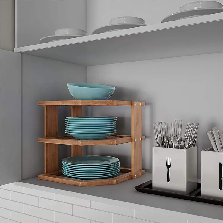 3-Tier Kitchen Shelf Dish Bowl Bamboo Corner Storage Organizer