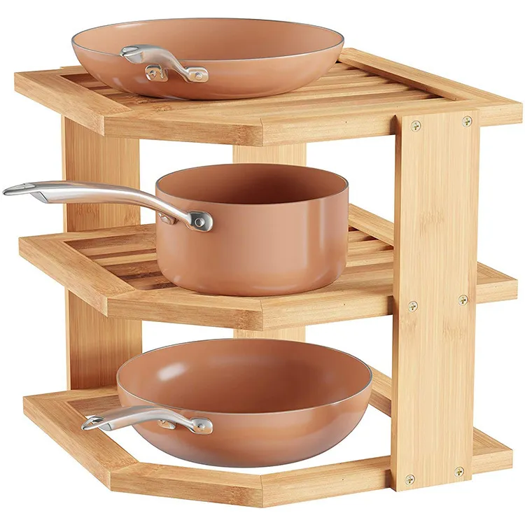 3-Tier Kitchen Shelf Dish Bowl Bamboo Corner Storage Organizer