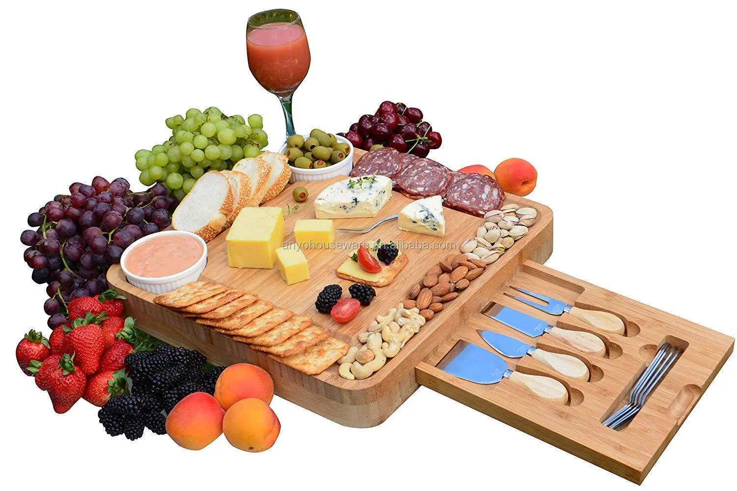 2020 New Design Multifunctional Natural Bamboo Cheese Board with Knife Tool Set