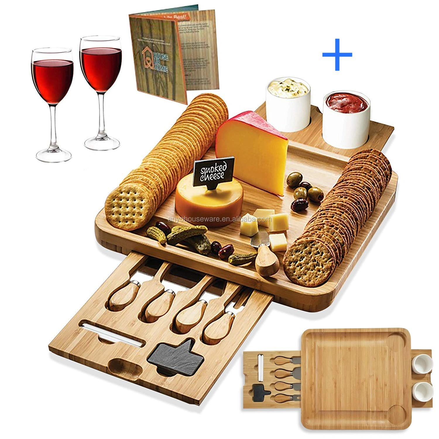 Square Natural Bamboo Cheese cutting Board With Drawers Serving Platter Cutlery Server Knife Set