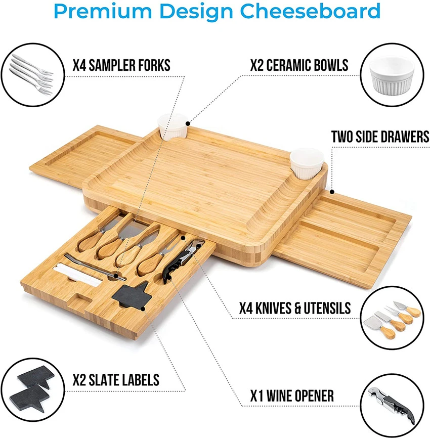 Bamboo Cheese cutting Board With Drawers Serving Platter Cutlery Server Knife Set and Fruit Tray