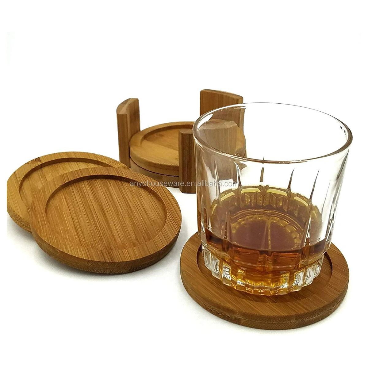 Wholesale Natural Custom Printed Round Bamboo Coasters and Holder for Drinks, Beverages, Beer, Coffee