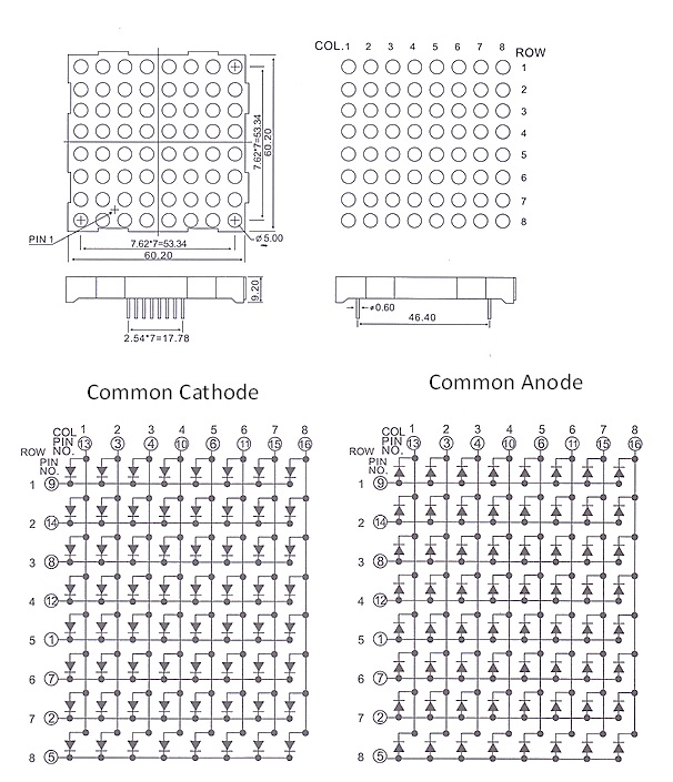 Common anode 8x8 dot matrix display