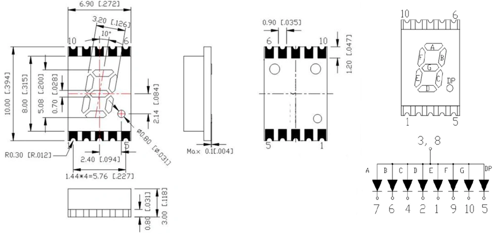 HOUKEM-2011-BW 6 Digit 7 Segment Display Dimensions