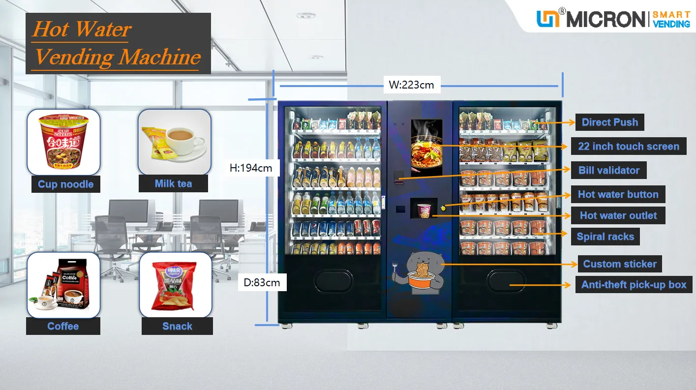 big capacity combo vending machine with hot water sale cupnoodle,milk tea,snack in the factory