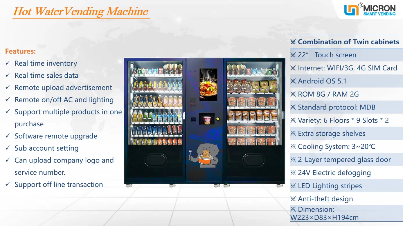 big capacity combo vending machine with hot water sale cupnoodle,milk tea,snack in the factory