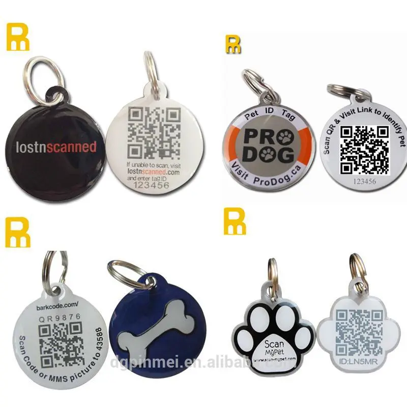 round shaped pet ID tags with custom printed logo in one side and QR code on the other side