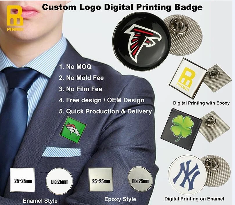No mold fee digital printing 25mm blank badge lapel pin with epoxy