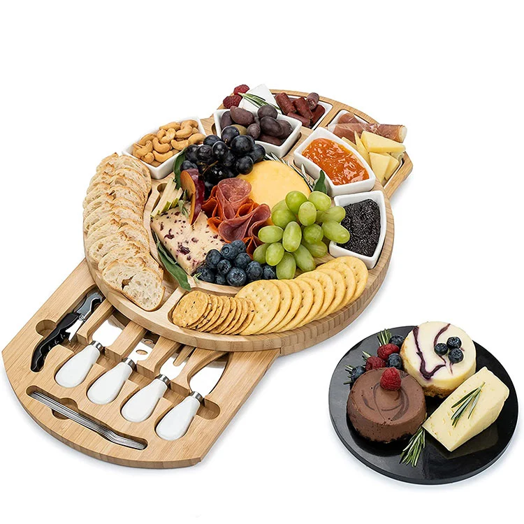 Customized Large Round Charcuterie Board Fold Out Cheese Board Serving Platter with Handle
