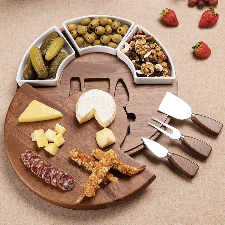 Wholesale Acacia Wood Cheese Boards Round Wooden Charcuterie Board with Knife Ceramic Bowl