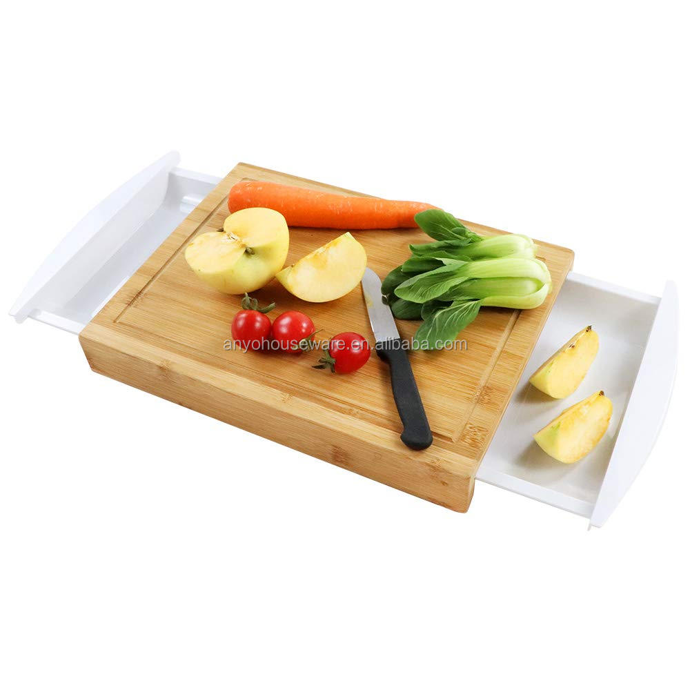 Versatile Bamboo Chopping Board With 2 Removable Trays and Juice Groove for Kitchen