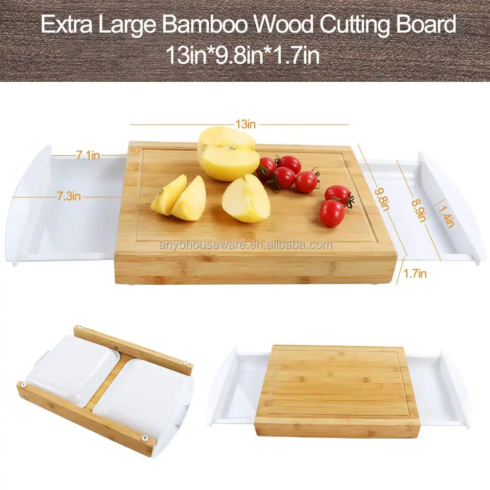 Versatile Bamboo Chopping Board With 2 Removable Trays and Juice Groove for Kitchen