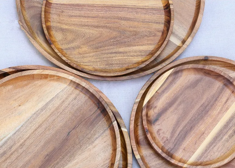 Customized acacia solid wood round shape fruit dessert food plate