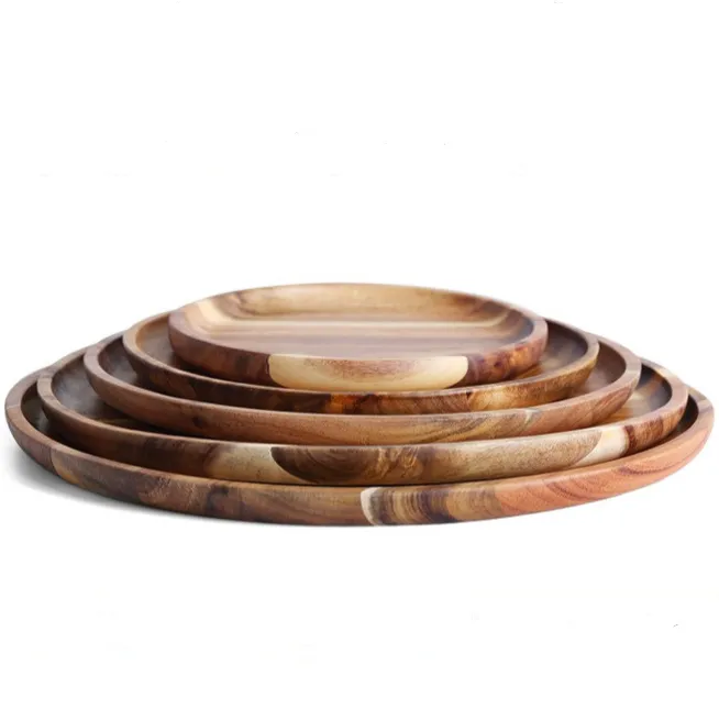 Customized acacia solid wood round shape fruit dessert food plate