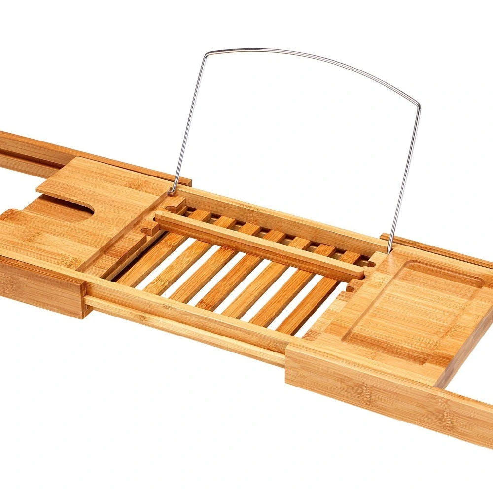 High Quality Bamboo Bathtub Caddy with Extending Sides and Adjustable Book Holder