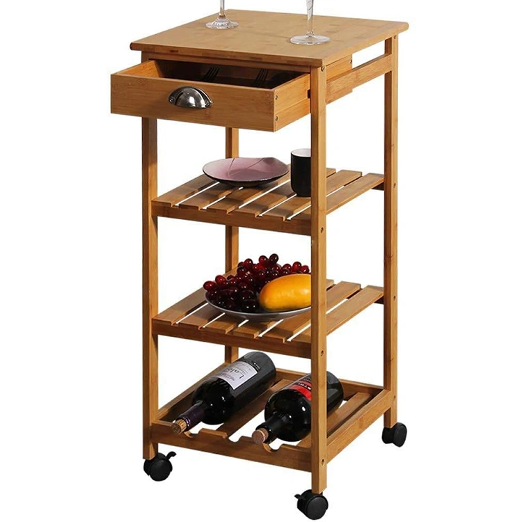 Bamboo Kitchen Trolley Cart Assembled Kitchen Island with Wheels