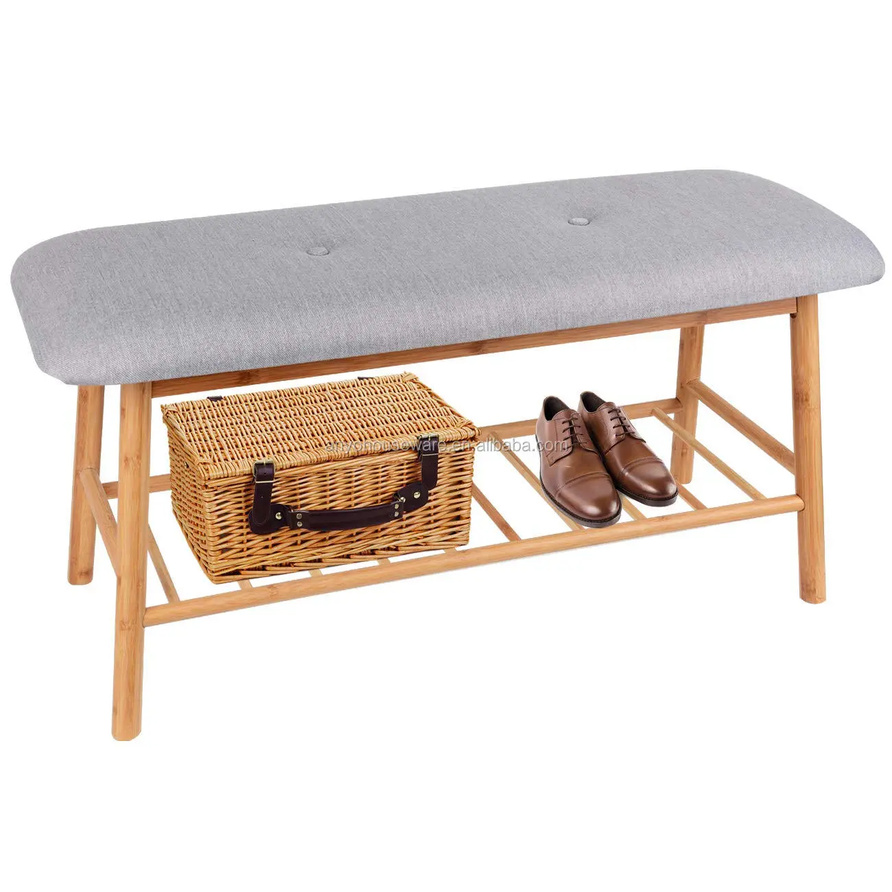 2020 Modern High quality natural style Bamboo Shoe Bench Seat with fabric cushion rack