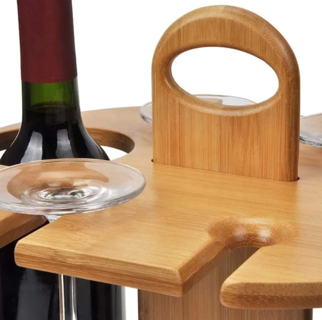 Fancy Bamboo Wine and Glass Holder Carrying Rack Free standing for Bar Counter top Patio Picnics etc