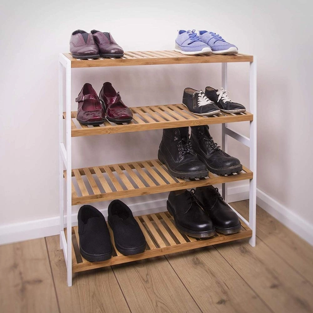 4 Tier Natural Bamboo Shoe Rack White Side Stand Shelf Bedroom,Bathroom,Living Room Organizer Holder Storage for 16 pairs
