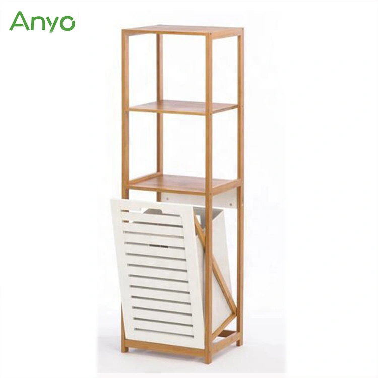 Bamboo Bathroom Storage Cabinet Rack With Laundry Tilting Basket