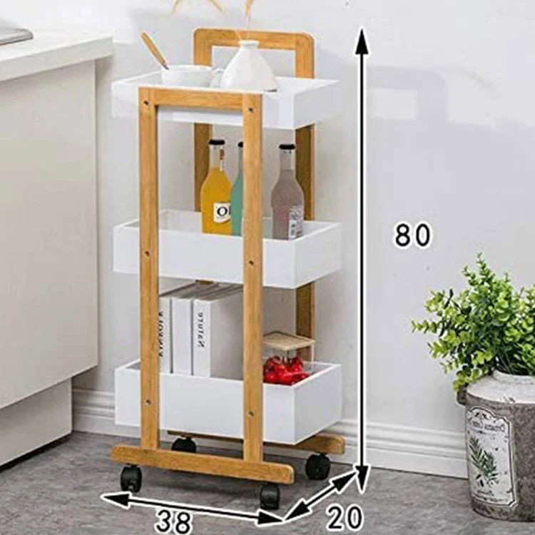 Household 3 Tier Storage Corner Bamboo Shelf Bathroom With Wheel