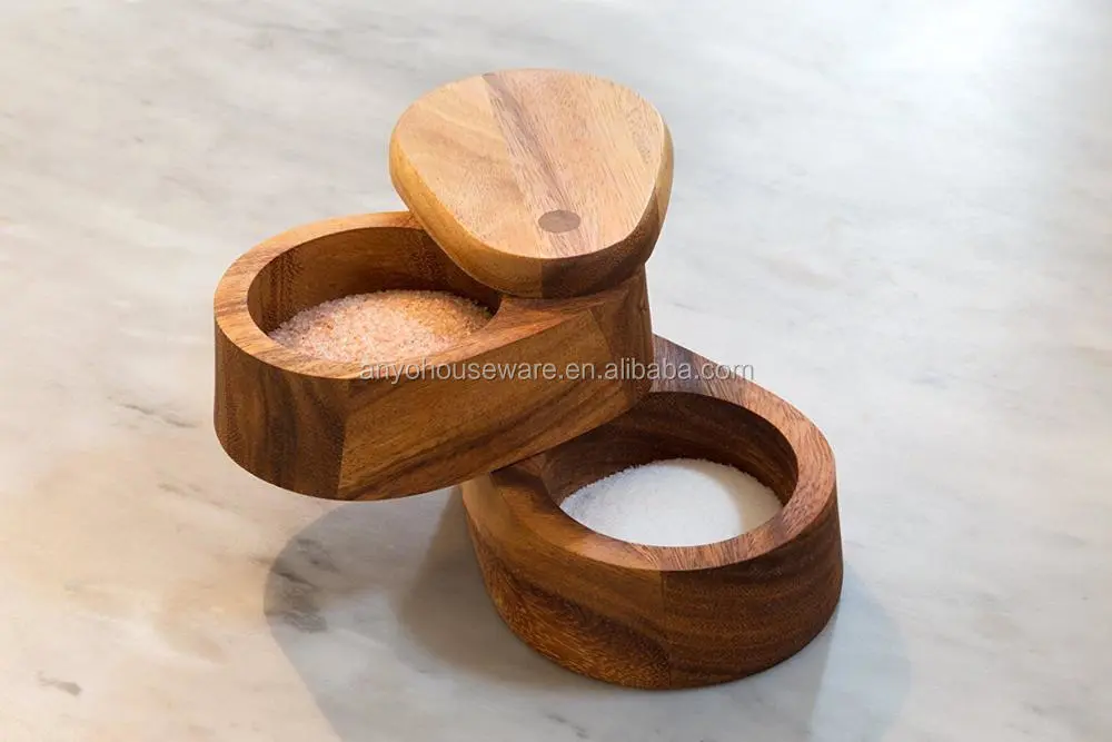 High Quality Acaccia Wood Double Layer Swivel Salt Box