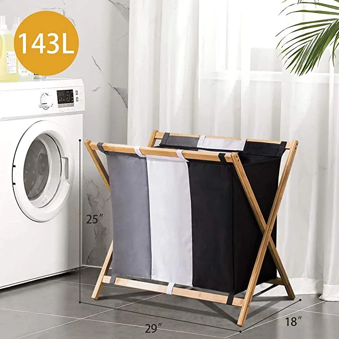 3 Compartment Laundry sorter with Durable Bamboo Frame, Waterproof Laundry Hamper Basket Sorter