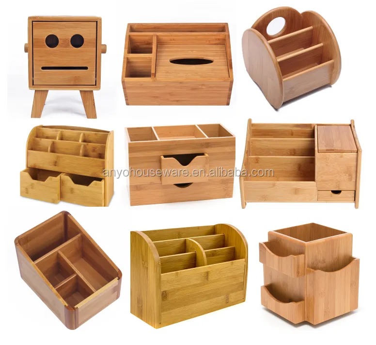 Multifunctional natural bamboo desk organizer storage tissue box for office and home