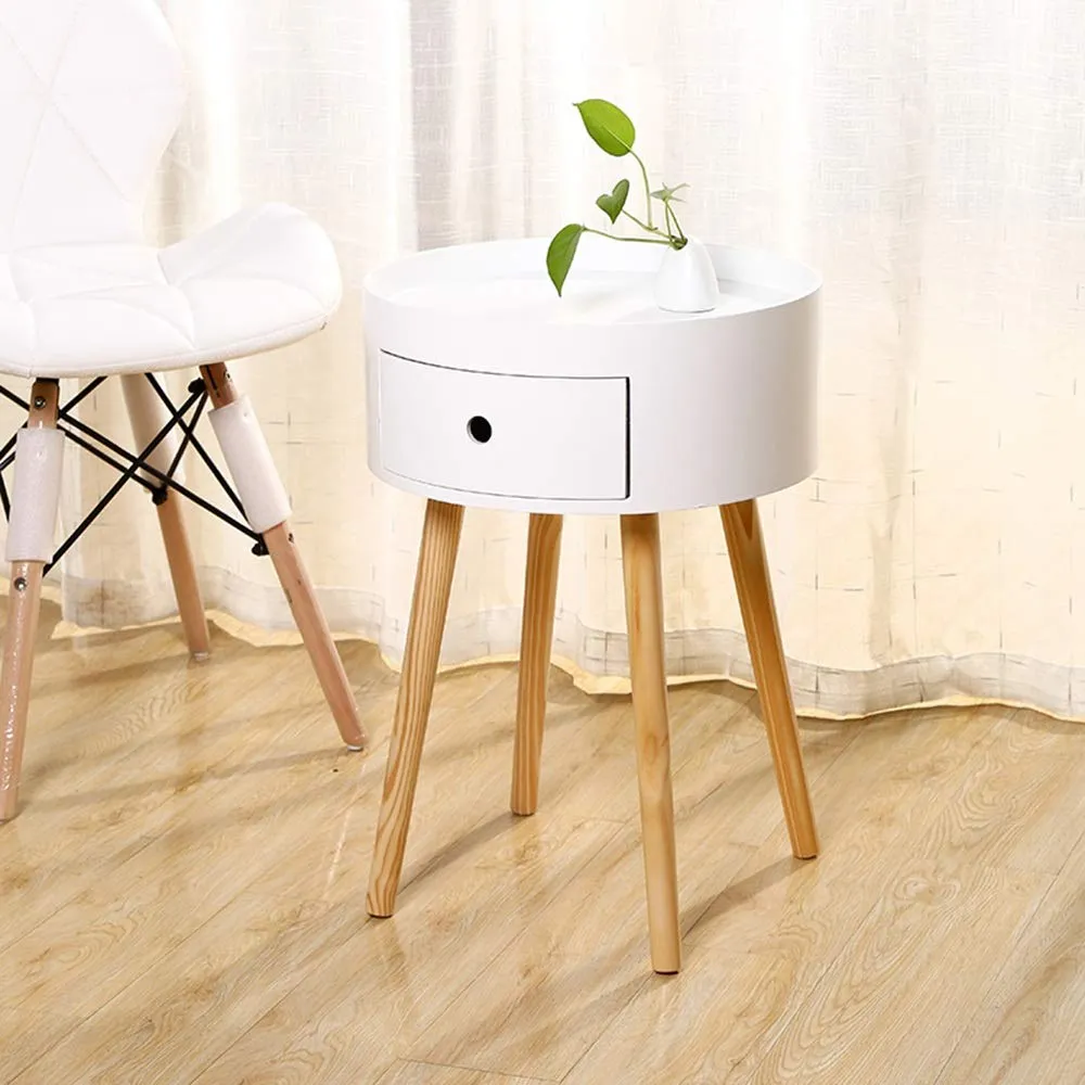 Bedroom Wooden End Table with Drawer Round Sofa Side Table