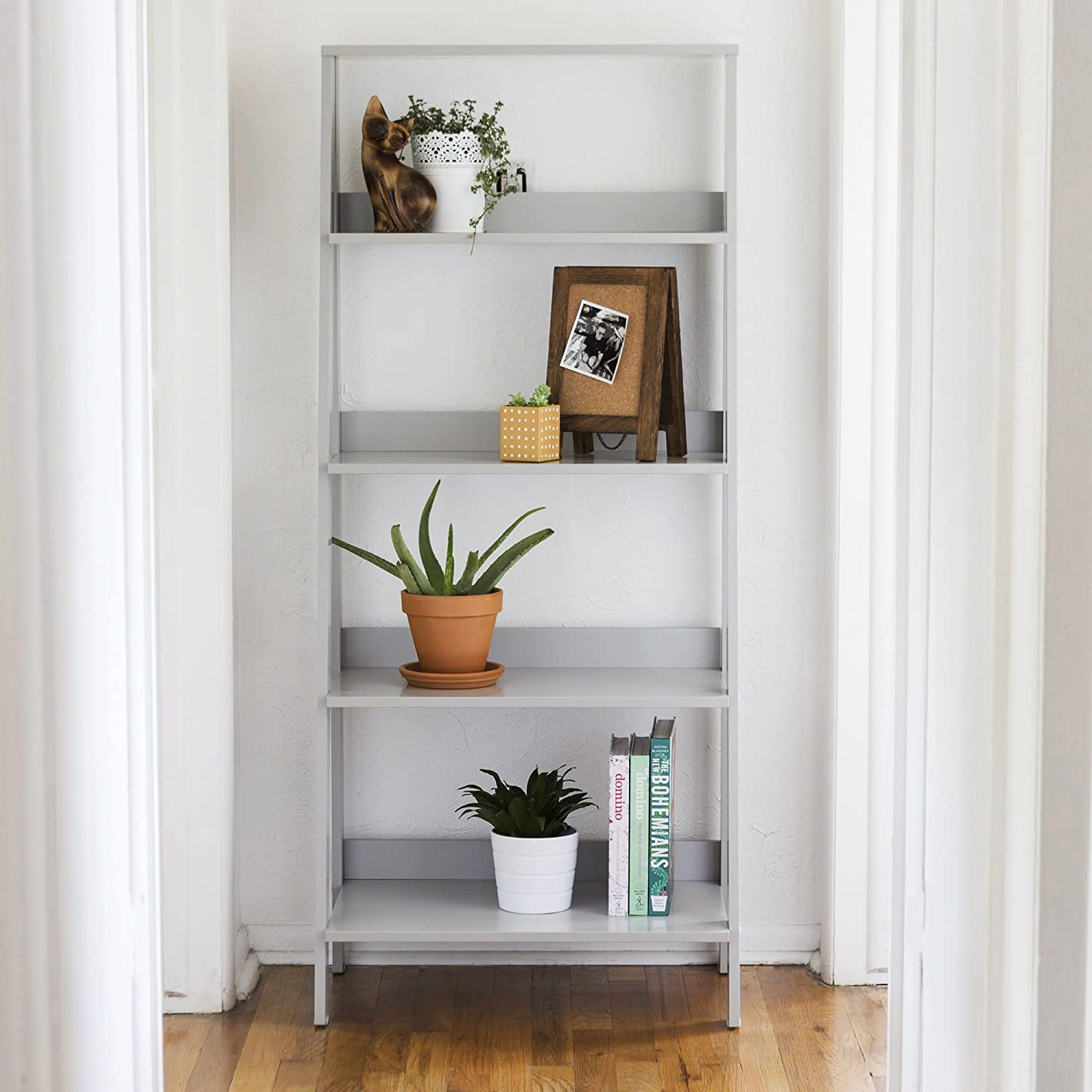 Living Room Storage Shelf Ladder Bookcase 4 Tier Bookshelf with white color