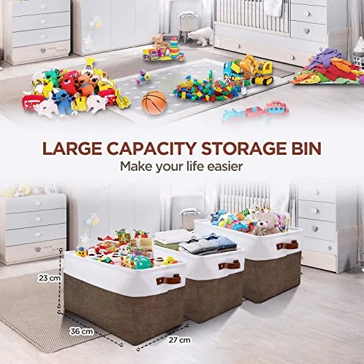 3 Pack Storage Bins Sturdy & Soft Linen Fabric Large 15x11x9.5 Inch with Leather Handle for Shelve, Closet and Kids Toys