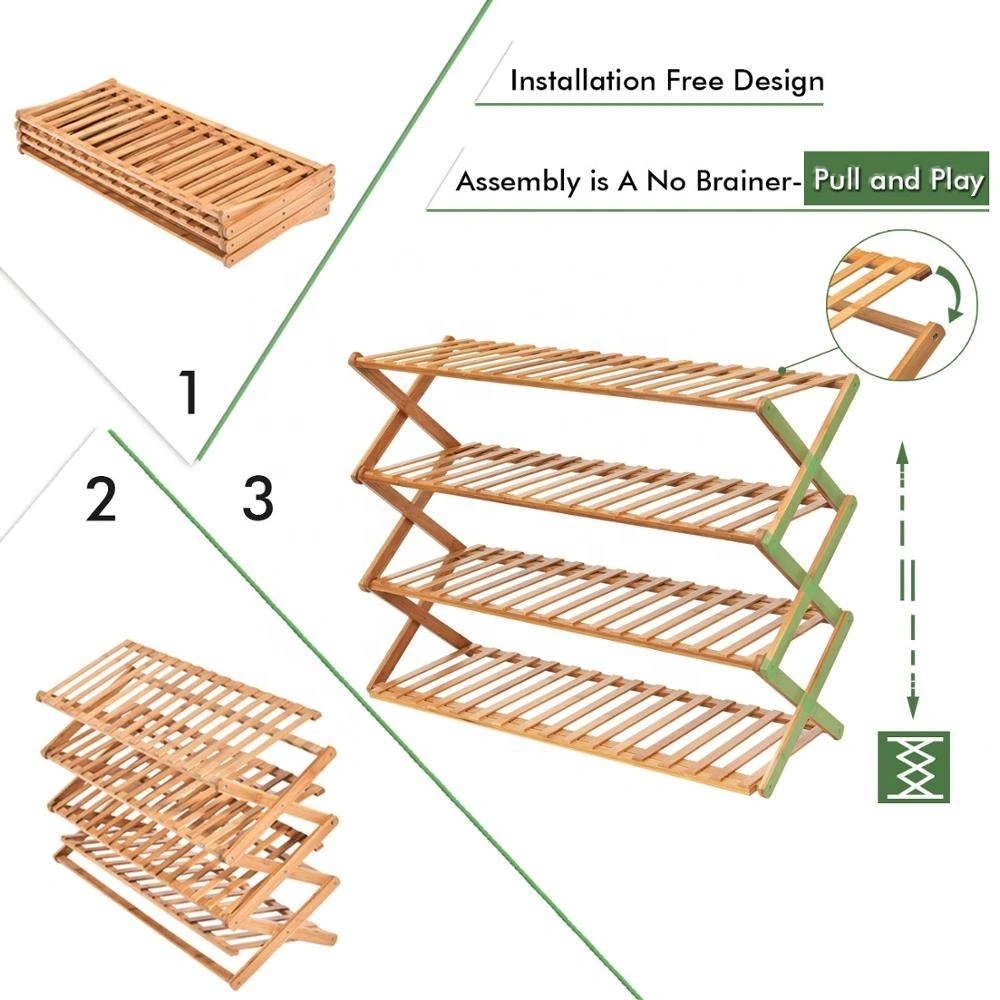 4 Tier Bamboo Shoe Rack Foldable Shoe Shelves Plant Display Stand Storage Organizer