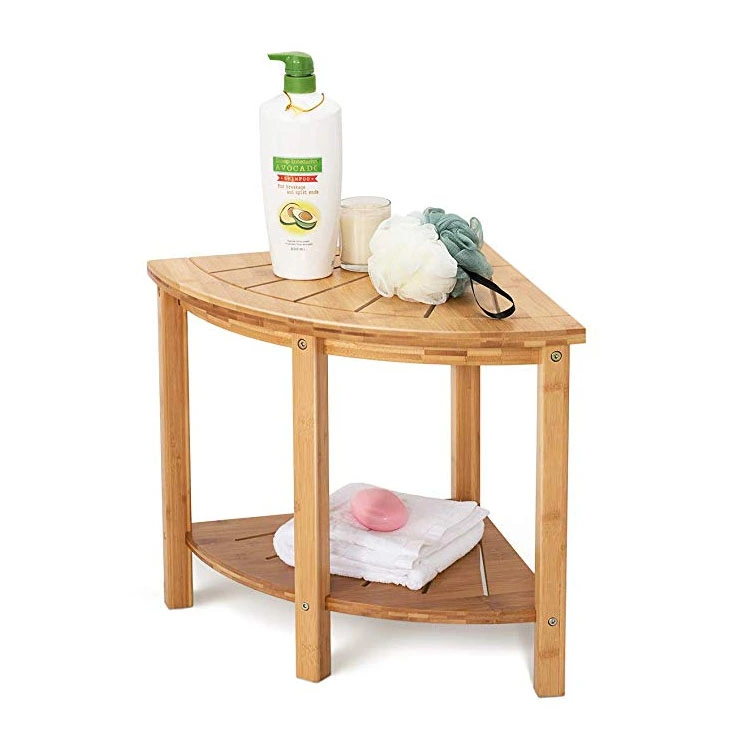 Corner Shower Stool, Bamboo Shower Bench with Storage Shelf, Wooden Spa Bath Organizer Seat