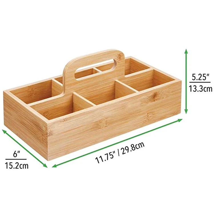 Bamboo Wood Compact Tea Storage Organizer Caddy Tote Bin,6 Divided Sections, Attached Handle