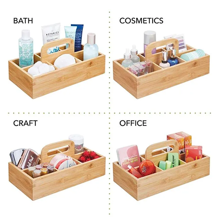 Bamboo Wood Compact Tea Storage Organizer Caddy Tote Bin,6 Divided Sections, Attached Handle