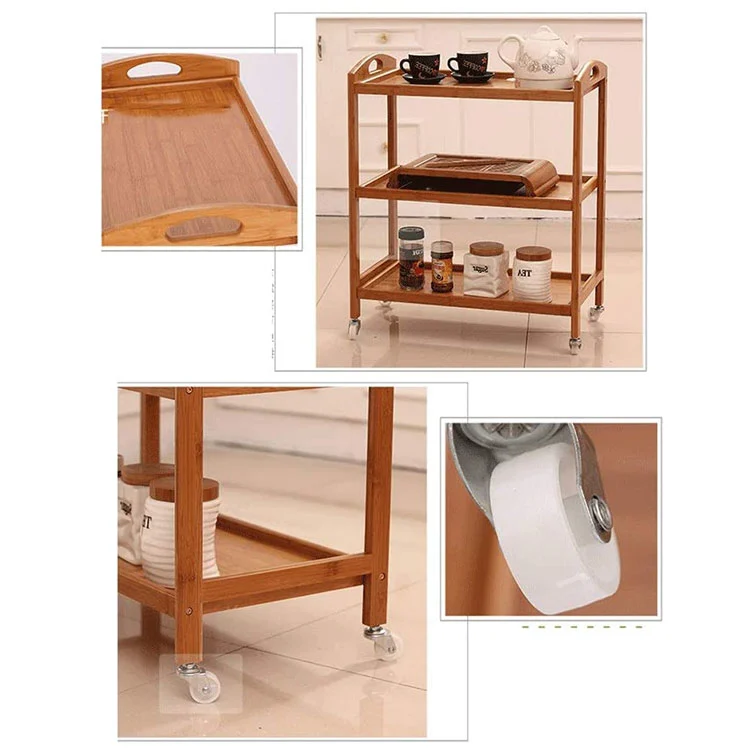 Home Furniture Bamboo Wood Kitchen Trolley Cart with Drawers, Baskets, Shelves & Towel Holder