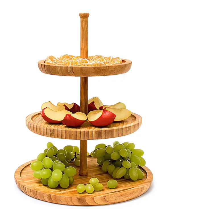 Home decorative round shape 3 tier bamboo dessert fruit display tray
