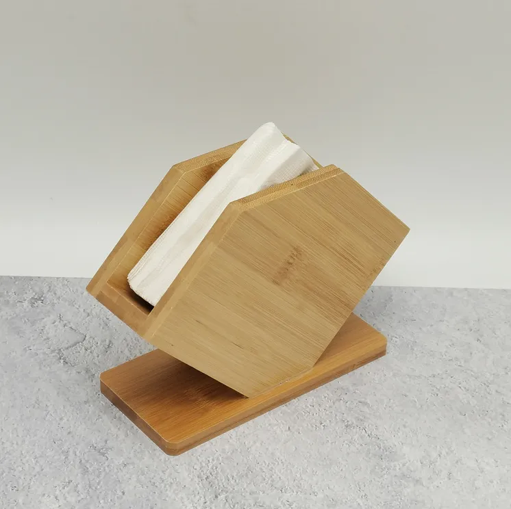 Fan-shaped square napkins storage bamboo tissue box with toothpick tank