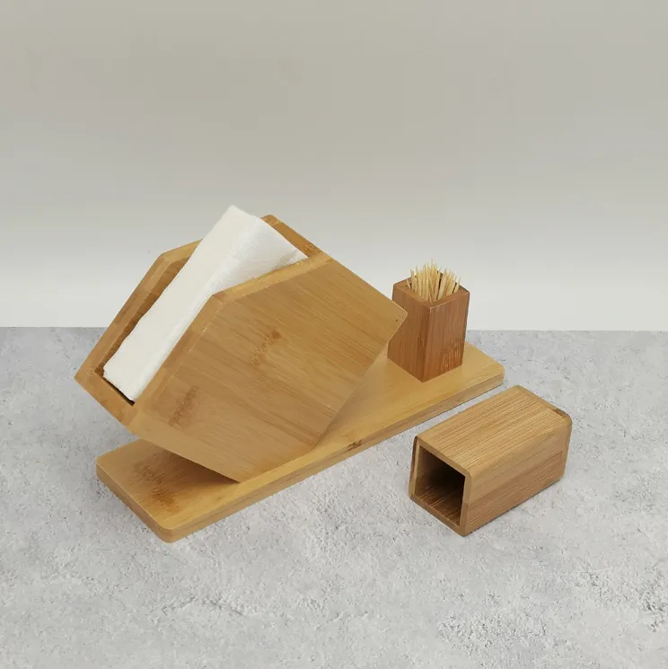 Fan-shaped square napkins storage bamboo tissue box with toothpick tank