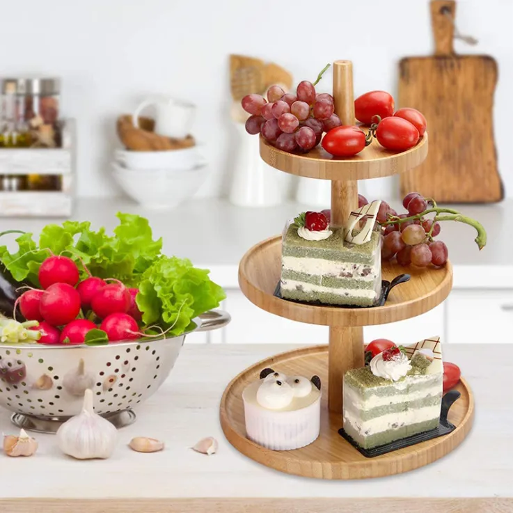 Wedding decorative customized cheap 3 tier bamboo cake stand fruit tray