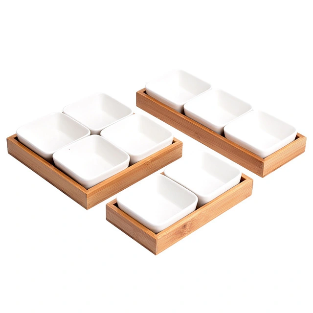 6 Divided compartments Bamboo candy storage food serving tray with lid, ceramic bowl