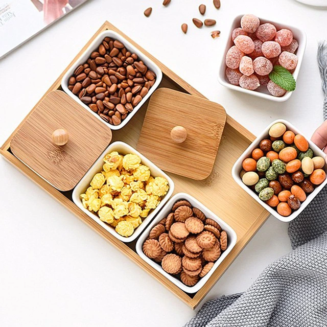 6 Divided compartments Bamboo candy storage food serving tray with lid, ceramic bowl