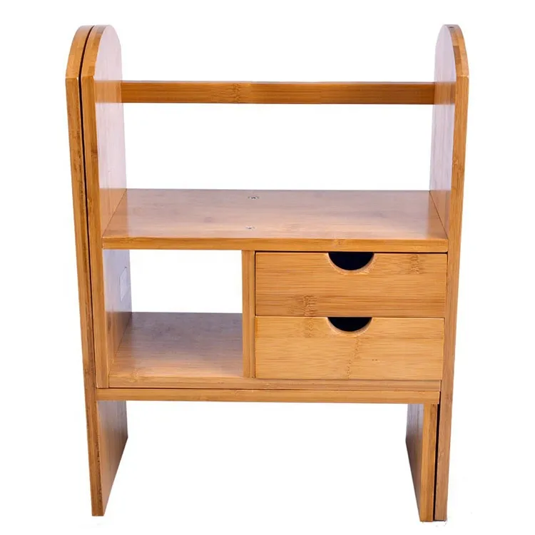 Good Quality Adjustable 2 Drawers Bookcase Display Shelf Rack Bamboo Wood Desktop Storage Organizer