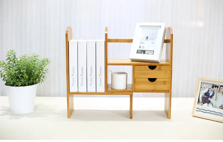 Good Quality Adjustable 2 Drawers Bookcase Display Shelf Rack Bamboo Wood Desktop Storage Organizer