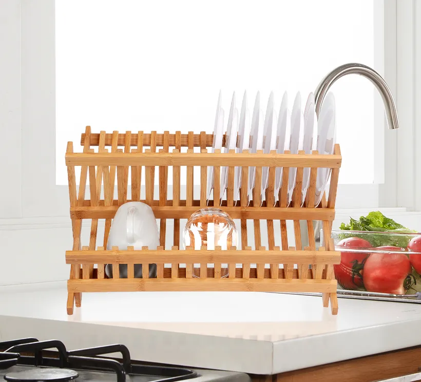 2 Tier Bamboo Kitchen Foldable Dish Drying Rack with 18 Slots
