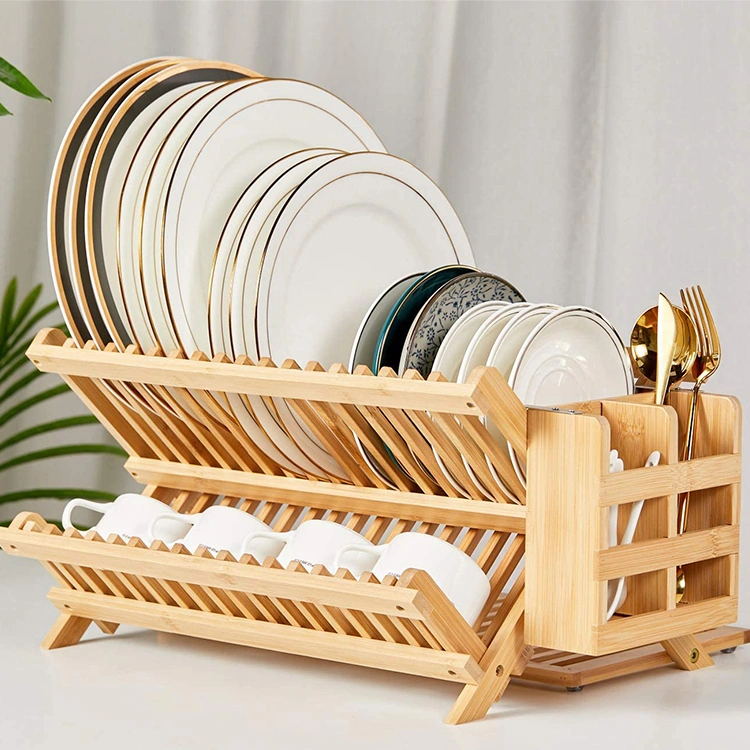 Bamboo Folding Dish Drainer Rack Kitchen Dish Drying Racks With Utensils Spoon Holder